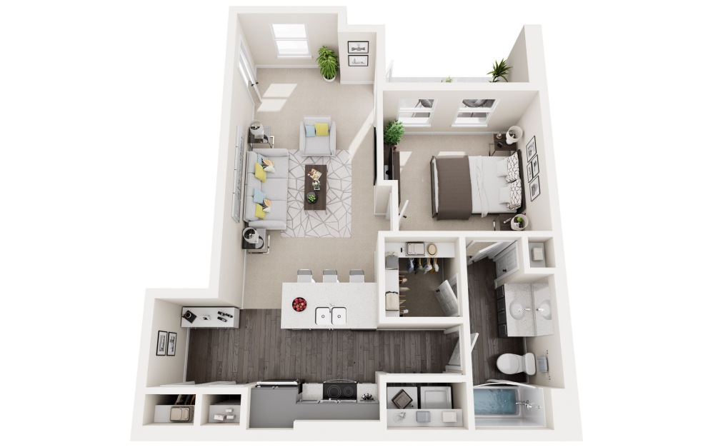 A1A - 1 bedroom floor plan layout with 1 bathroom and 723 square feet (3D)