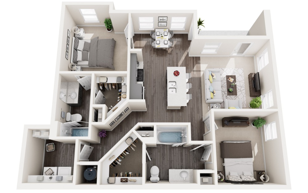 B1A - 2 bedroom floor plan layout with 2 bathrooms and 1112 square feet (3D)