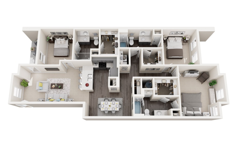 C1A - 3 bedroom floor plan layout with 3 bathrooms and 1520 square feet (3D)