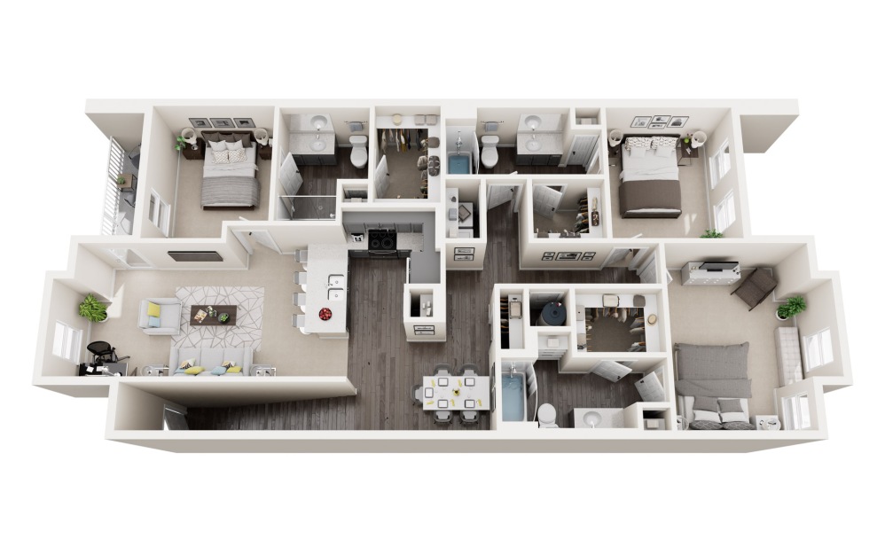 C2 - 3 bedroom floor plan layout with 3 bathrooms and 1580 square feet (3D)