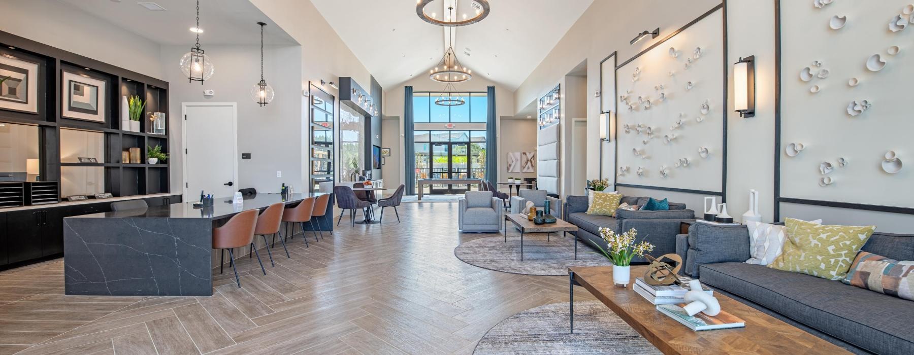 a clubhouse room with tables and chairs